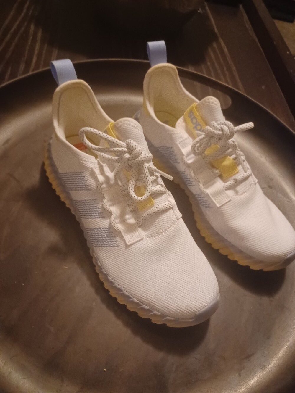 adidas Kaptir Flow White Sneakers w/ Light Blue Stripes and Yellow Gradient Sole - Picture 6 of 11